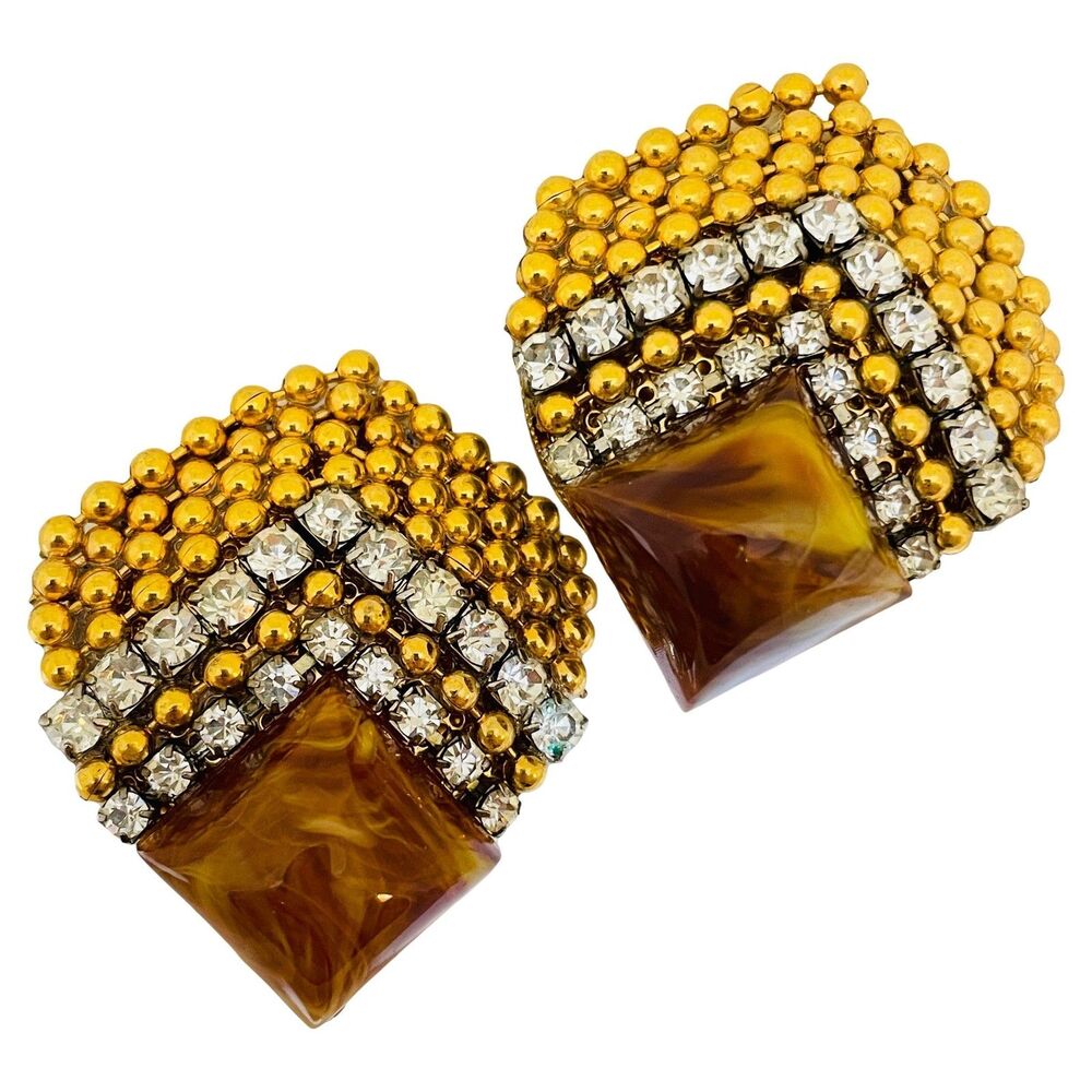 Vintage gold tone rhinestones resin 80's designer clip on earrings